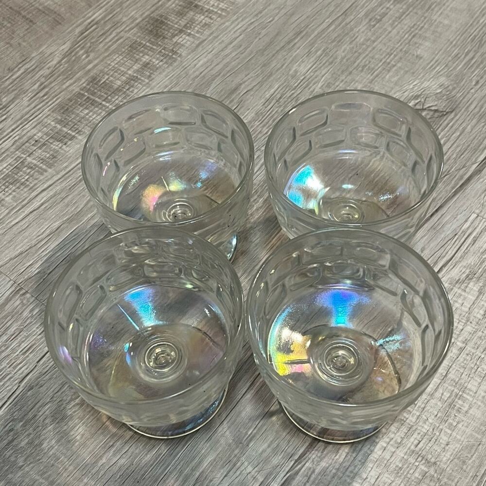 Vintage 4pc Aurora Iridescent Footed Dessert Cups Thumbprint Optic Federal Glass - Picture 8 of 9